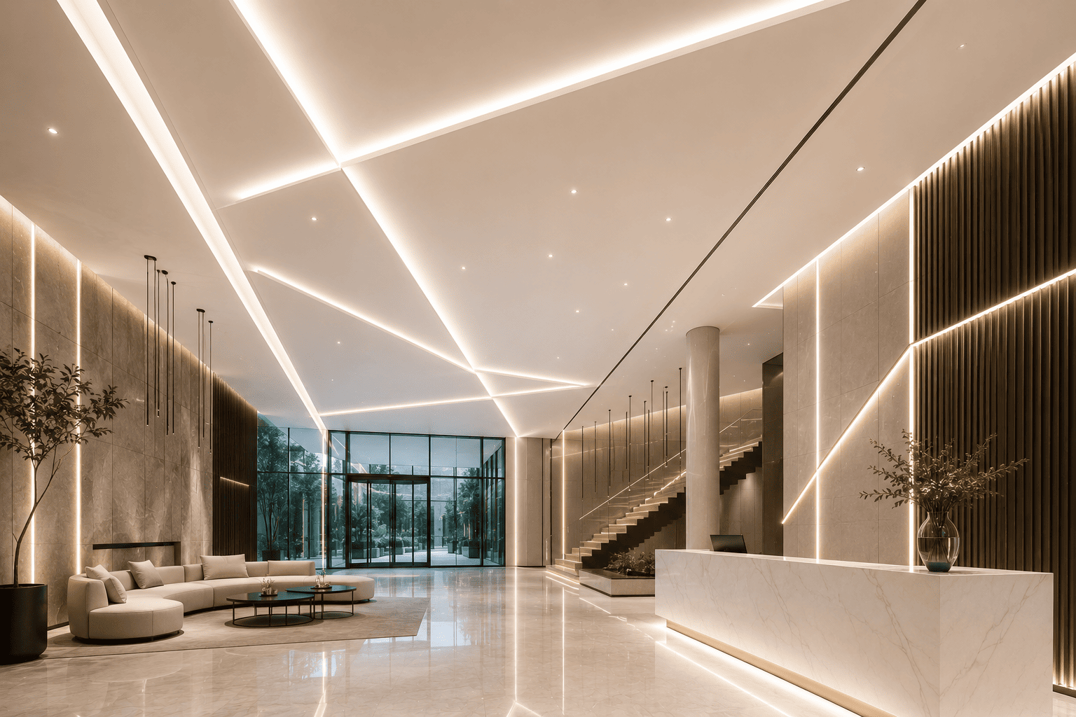 Illuminated architectural ceiling lighting against a dark backdrop